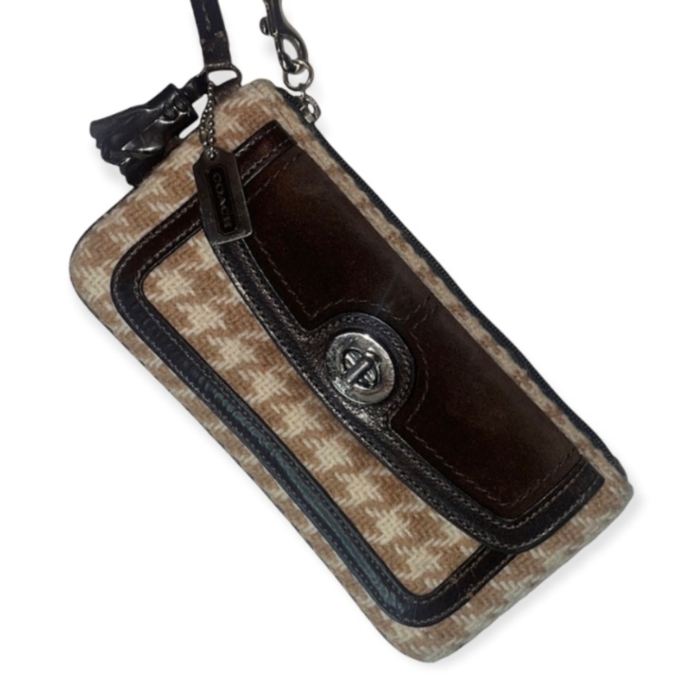 Coach Wool Tan Houndstooth Tweed Brown Suede Wristlet Wallet FS5872